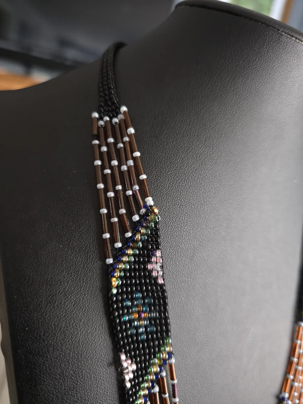 Handcrafted Beaded Fringe Necklace - Black and Brown - Picture 6 of 7